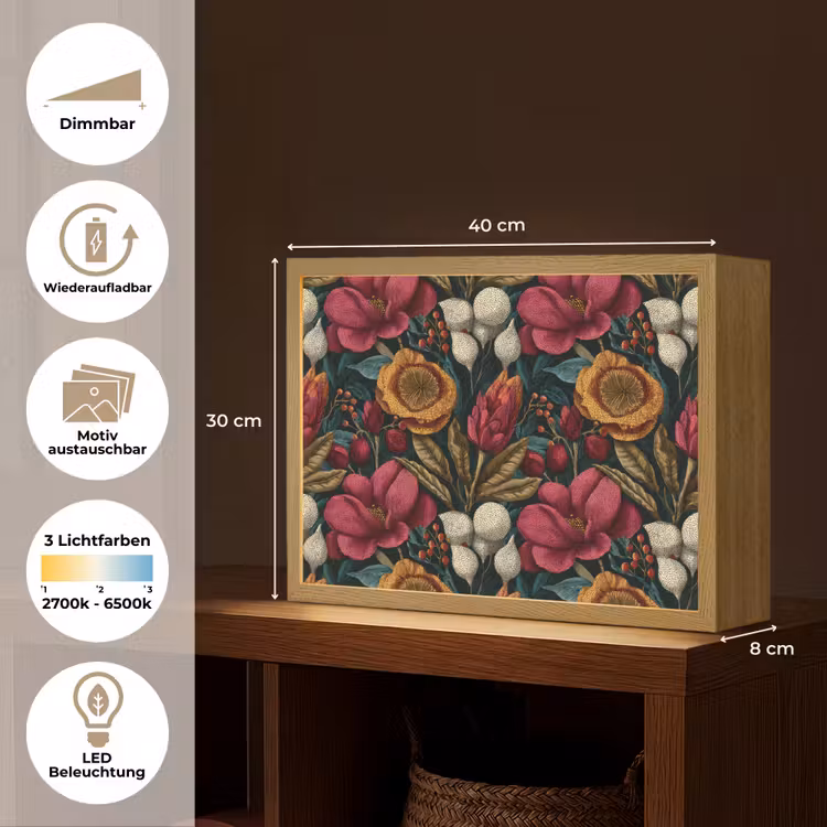 Bloemen - Patroon - Rood - Goud Light Box met batterij (Wandlamp) middel 907 -USP_websiteoverzichtDE