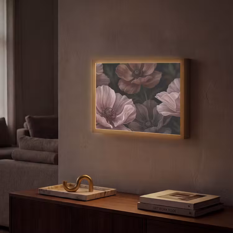 Bloemen - Natuur - Roze - Donker - Modern Light Box met batterij (Wandlamp) middel -sfeer1