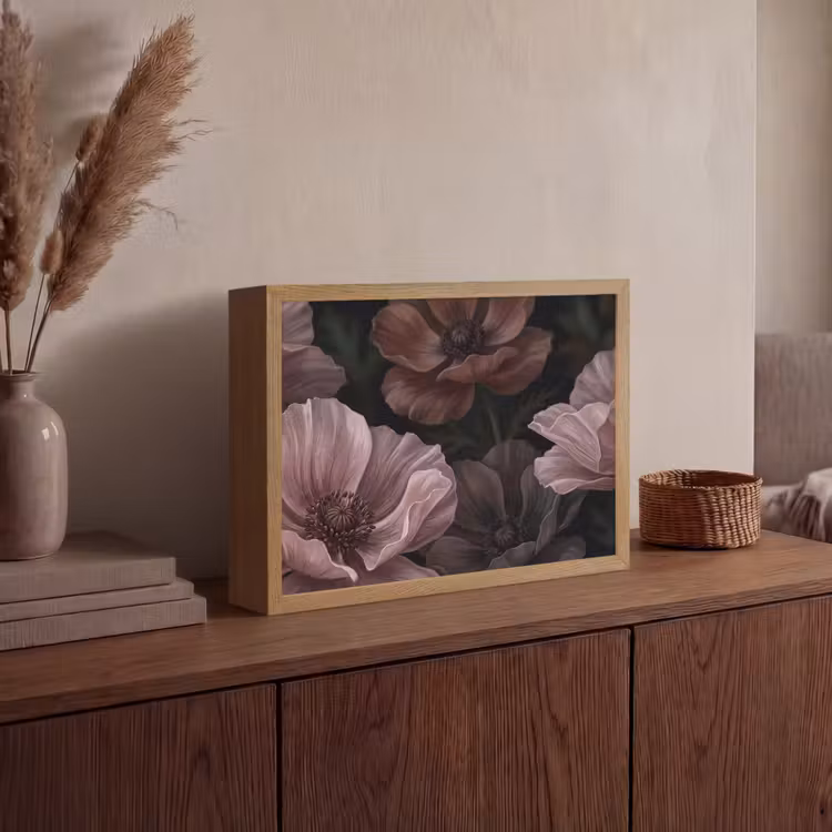 Bloemen - Natuur - Roze - Donker - Modern Light Box met batterij (Wandlamp) middel -sfeer2