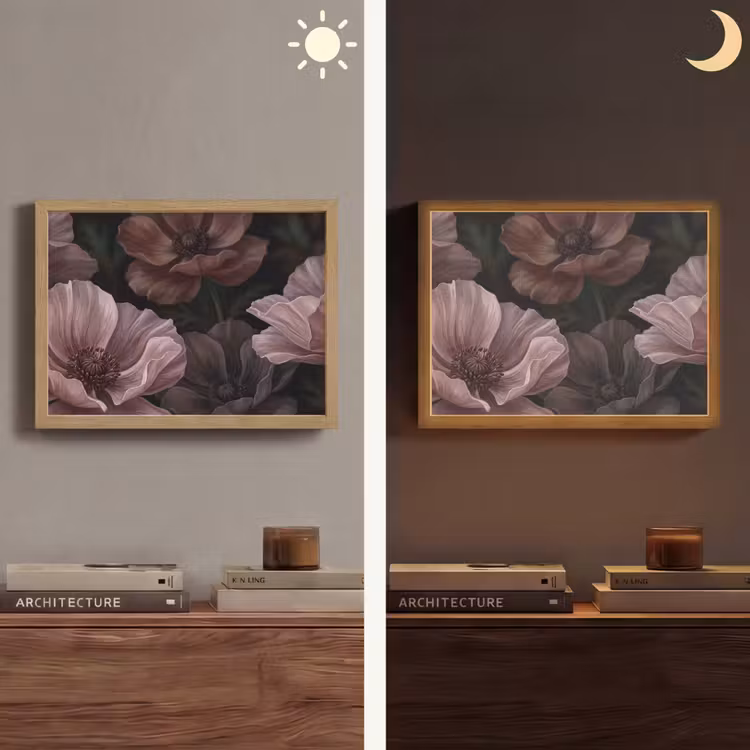 Bloemen - Natuur - Roze - Donker - Modern Light Box met batterij (Wandlamp) middel -sfeer3