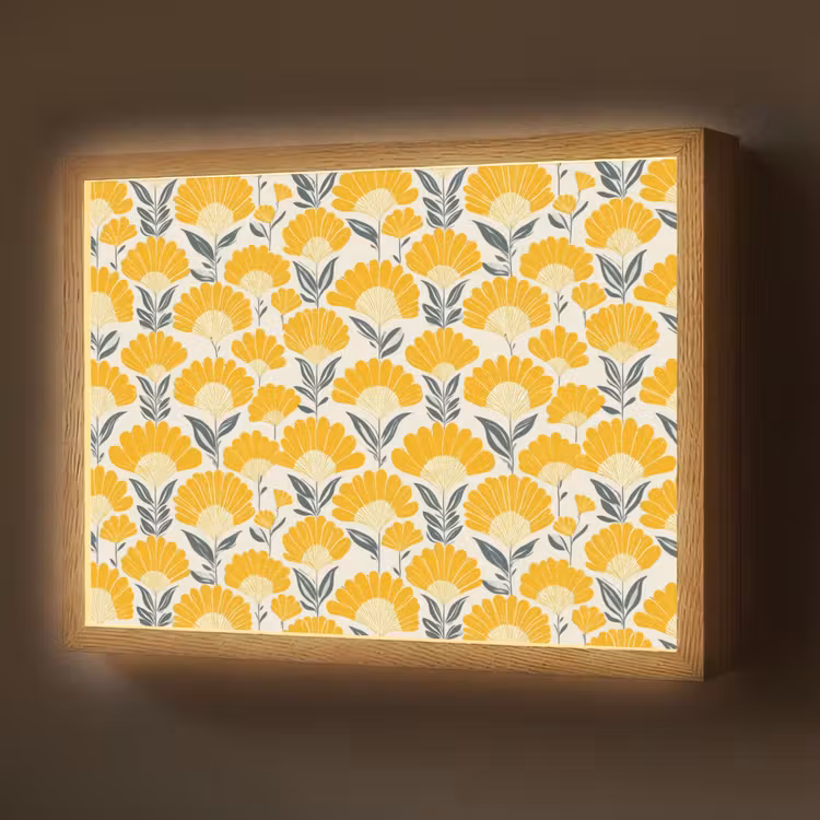 Bloemen - Retro - Botanisch - Okergeel - Grijs Light Box met batterij (Wandlamp) middel 907 -z3d_website