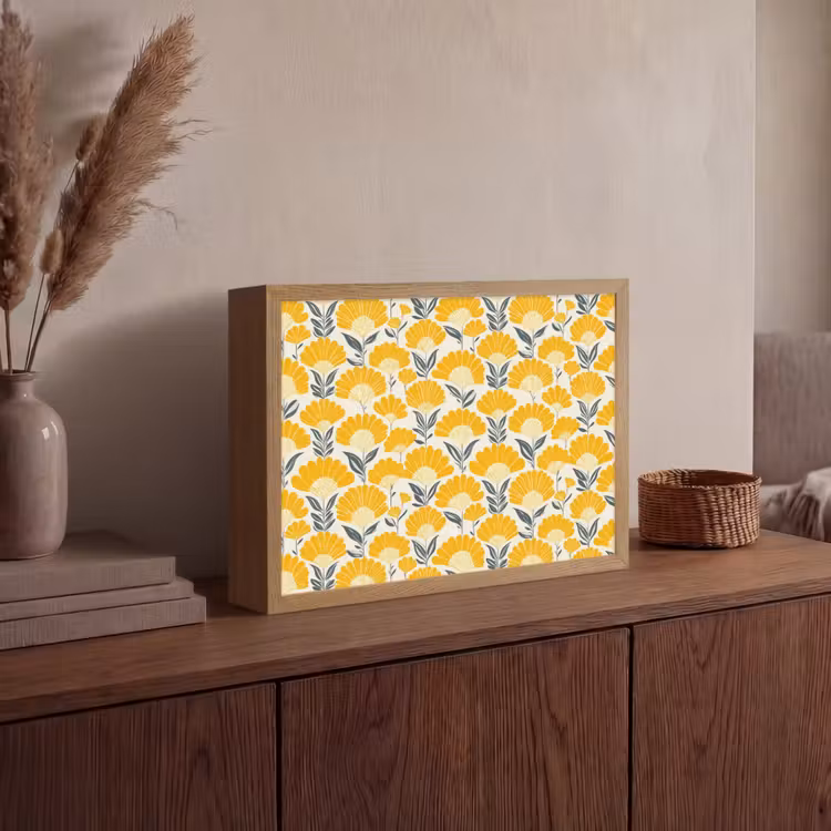 Bloemen - Retro - Botanisch - Okergeel - Grijs Light Box met batterij (Wandlamp) middel 907 -sfeer2