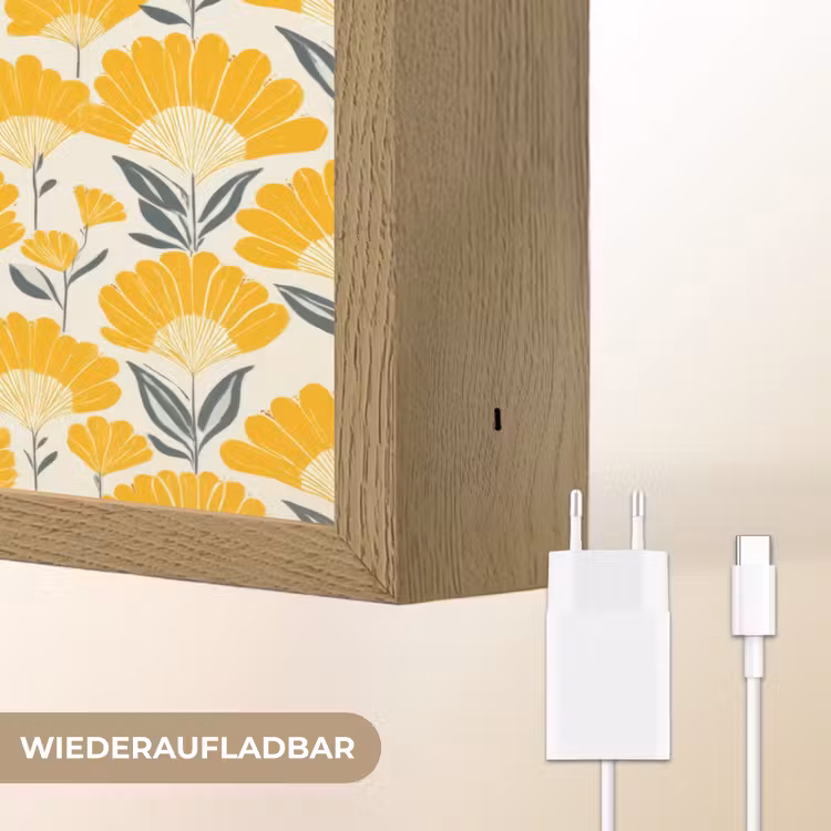 Bloemen - Retro - Botanisch - Okergeel - Grijs Light Box met batterij (Wandlamp) middel 907 -USP_websiteoplaadbaarDE