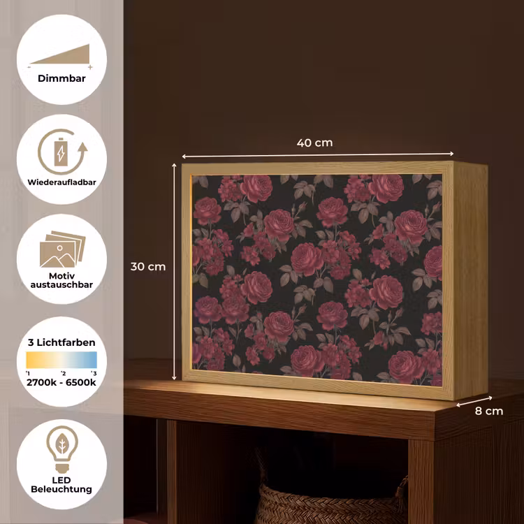Bloemen - Roos - Patroon - Klassiek - Rood Light Box met batterij (Wandlamp) middel -USP_websiteoverzichtDE