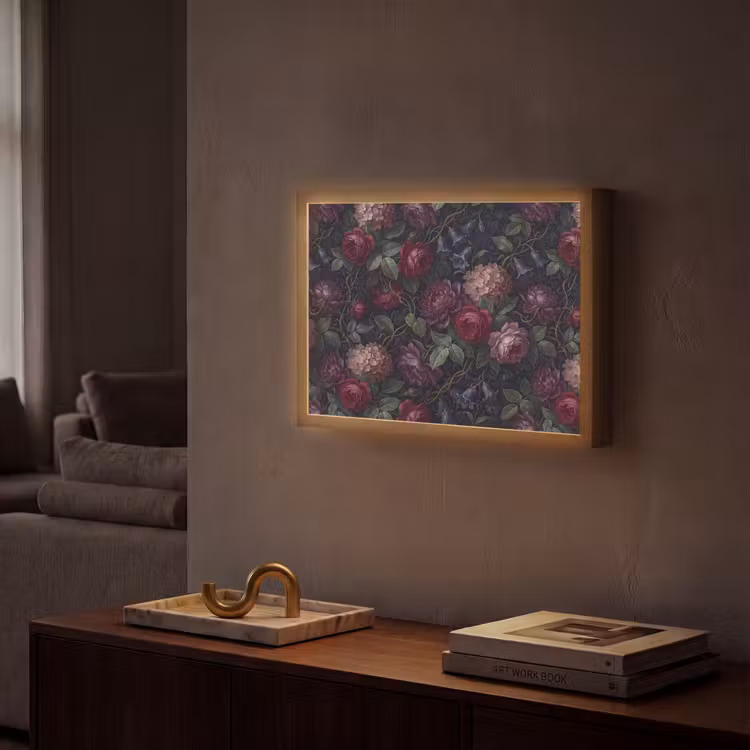 Bloemen - Rood - Klassiek - Donker - Patroon Light Box met batterij (Wandlamp) middel -sfeer1