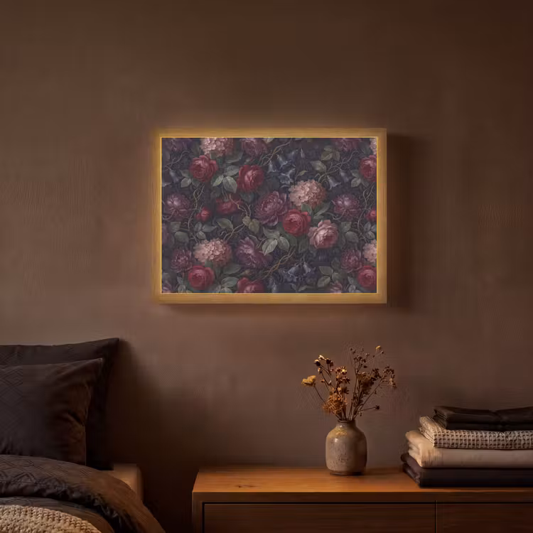 Bloemen - Rood - Klassiek - Donker - Patroon Light Box met batterij (Wandlamp) middel -sfeer4