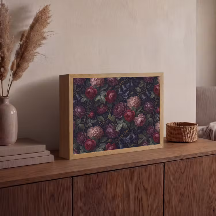 Bloemen - Rood - Klassiek - Donker - Patroon Light Box met batterij (Wandlamp) middel -sfeer2