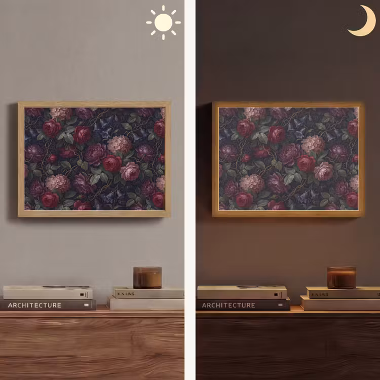 Bloemen - Rood - Klassiek - Donker - Patroon Light Box met batterij (Wandlamp) middel -sfeer3