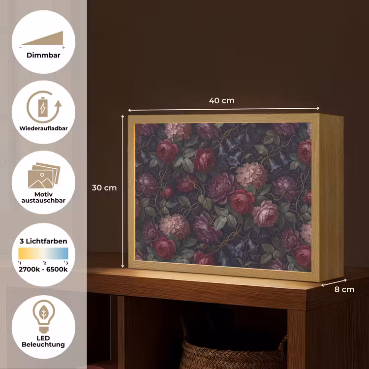 Bloemen - Rood - Klassiek - Donker - Patroon Light Box met batterij (Wandlamp) middel -USP_websiteoverzichtDE