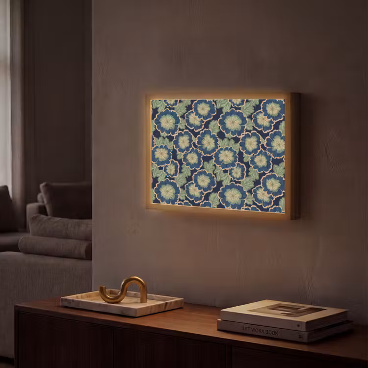 Bloemen - Borduurwerk - Patroon - Blauw - Groen Light Box met batterij (Wandlamp) middel 907 -sfeer1
