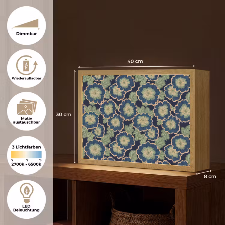 Bloemen - Borduurwerk - Patroon - Blauw - Groen Light Box met batterij (Wandlamp) middel 907 -USP_websiteoverzichtDE