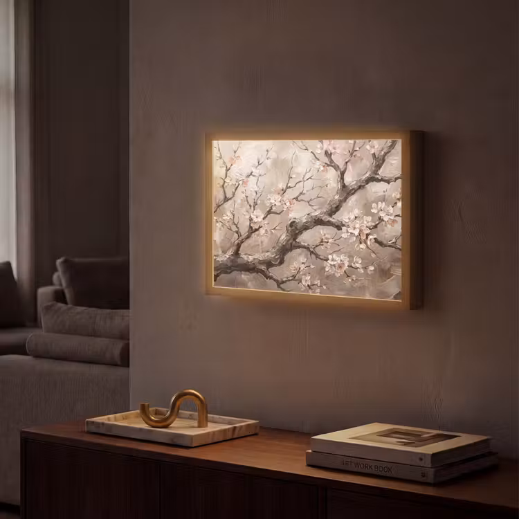 Bloesem - Takken - Schilderij - Beige - Serene Light Box met batterij (Wandlamp) middel -sfeer1
