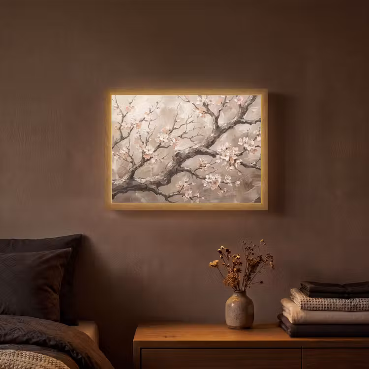 Bloesem - Takken - Schilderij - Beige - Serene Light Box met batterij (Wandlamp) middel -sfeer4