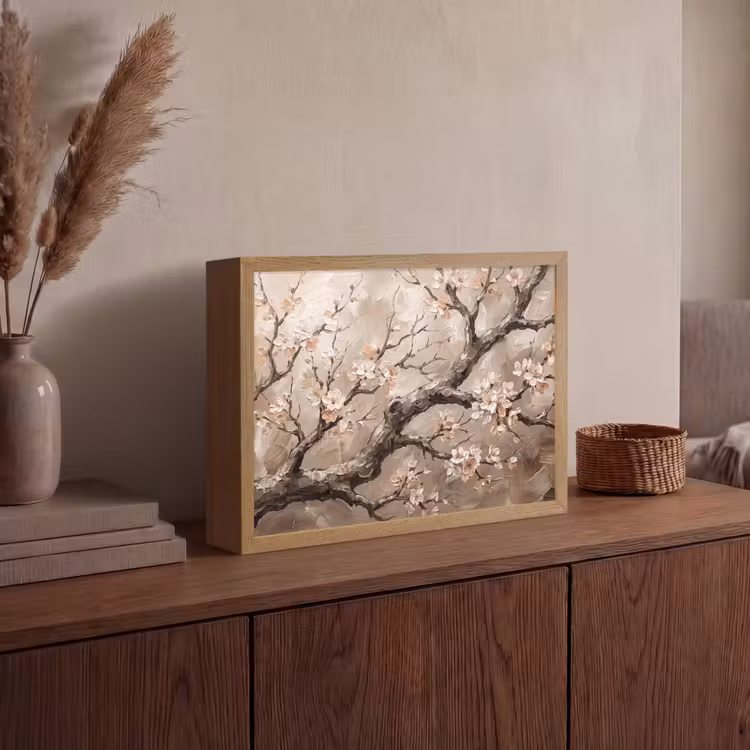 Bloesem - Takken - Schilderij - Beige - Serene Light Box met batterij (Wandlamp) middel -sfeer2