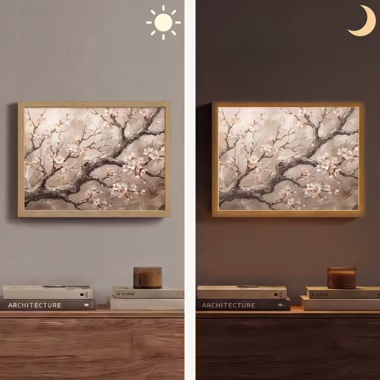 Bloesem - Takken - Schilderij - Beige - Serene Light Box met batterij (Wandlamp) middel -sfeer3