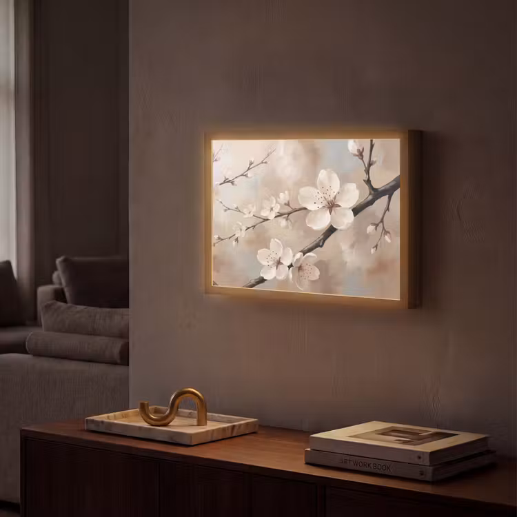 Bloesem - Takken - Schilderij - Beige - Serene Light Box met batterij (Wandlamp) middel -sfeer1