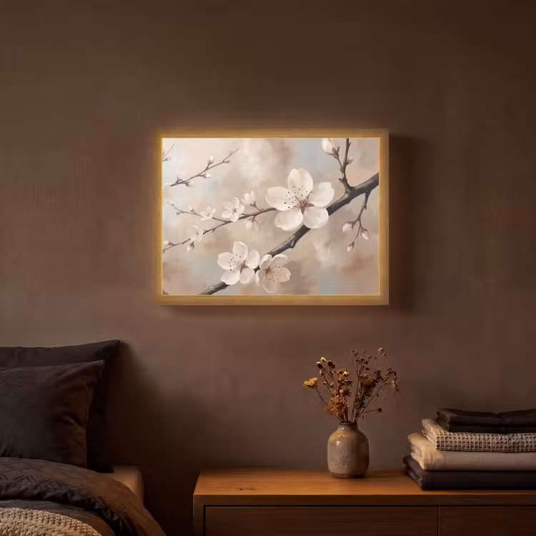 Bloesem - Takken - Schilderij - Beige - Serene Light Box met batterij (Wandlamp) middel -sfeer4