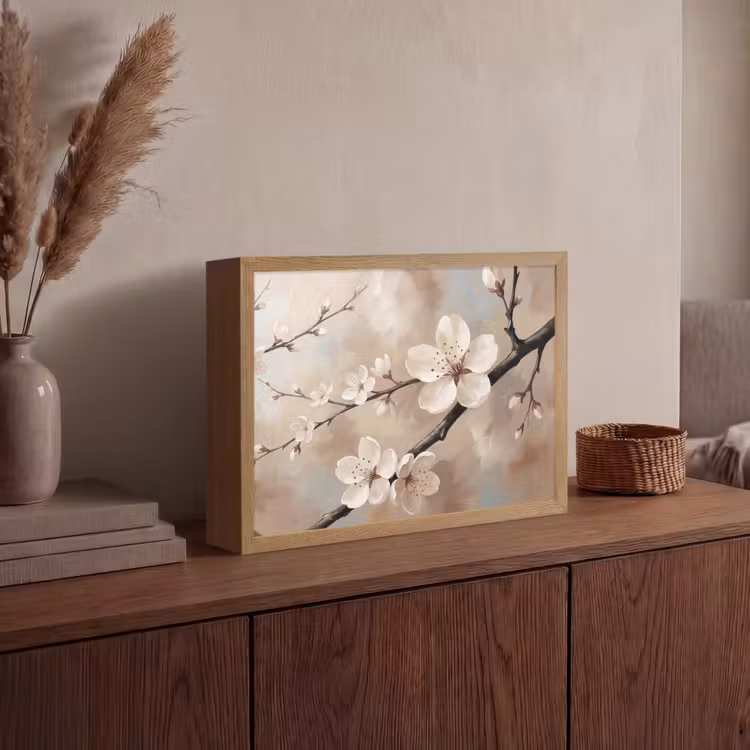 Bloesem - Takken - Schilderij - Beige - Serene Light Box met batterij (Wandlamp) middel -sfeer2