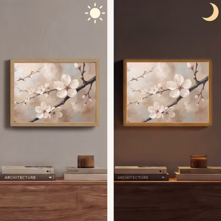 Bloesem - Takken - Schilderij - Beige - Serene Light Box met batterij (Wandlamp) middel -sfeer3