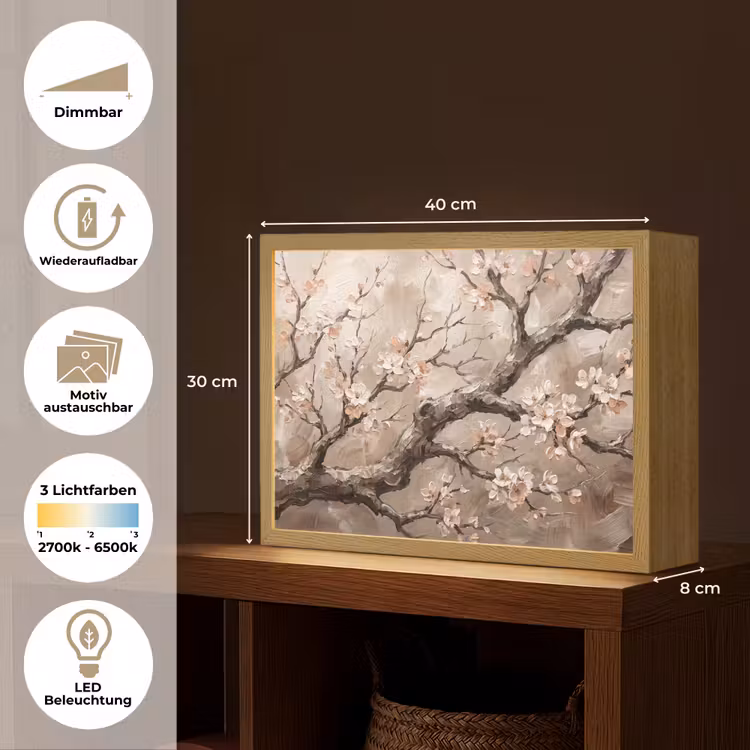 Bloesem - Takken - Schilderij - Beige - Serene Light Box met batterij (Wandlamp) middel -USP_websiteoverzichtDE