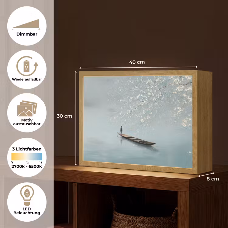 Bloesems - Minimalistisch - Wateroppervlak - Boot Light Box met batterij (Wandlamp) middel -USP_websiteoverzichtDE