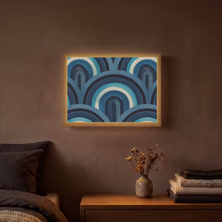 Bogen - Geometrisch - Patroon - Blauw - Retro Light Box met batterij (Wandlamp) middel 907 -sfeer4