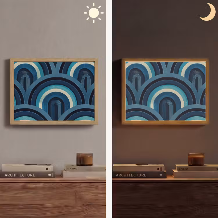Bogen - Geometrisch - Patroon - Blauw - Retro Light Box met batterij (Wandlamp) middel 907 -sfeer3