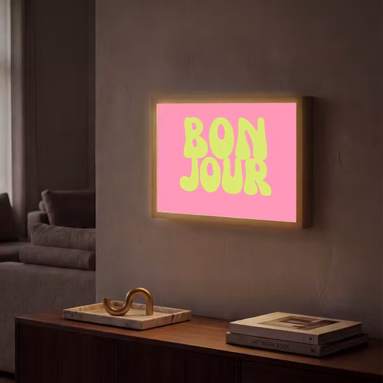 Bonjour - Roze - Fel groen Light Box met batterij (Wandlamp) middel -sfeer1