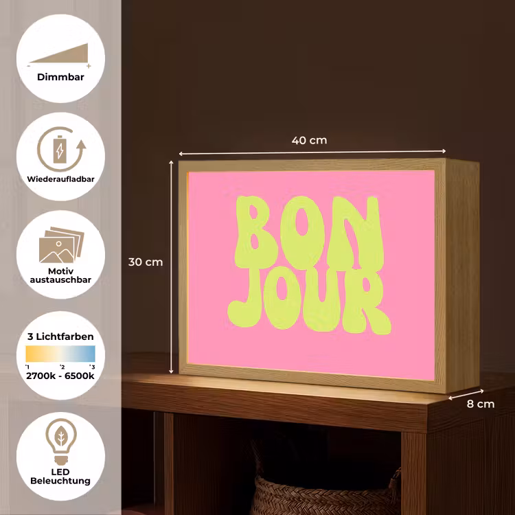 Bonjour - Roze - Fel groen Light Box met batterij (Wandlamp) middel -USP_websiteoverzichtDE
