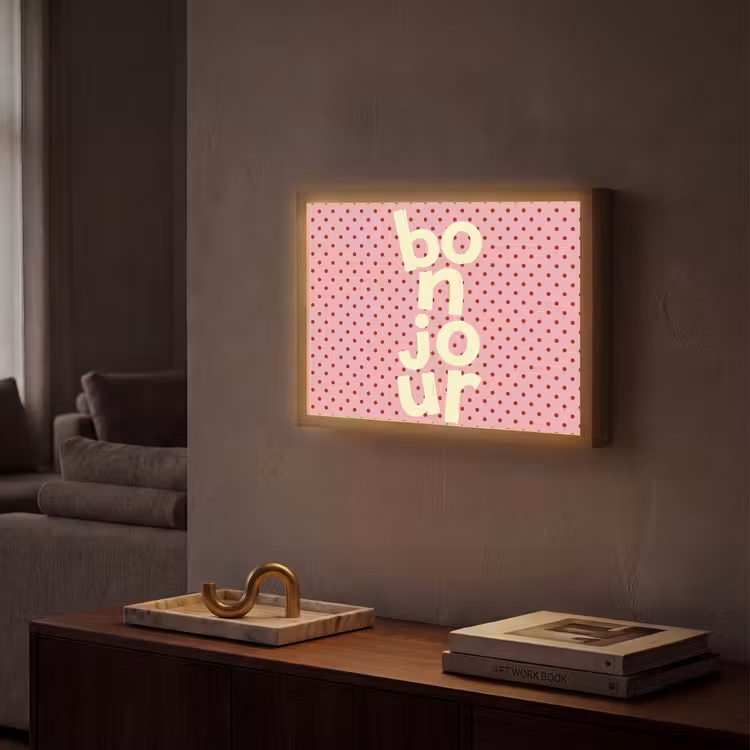 Bonjour - Stippen - Roze- Geel Light Box met batterij (Wandlamp) middel -sfeer1