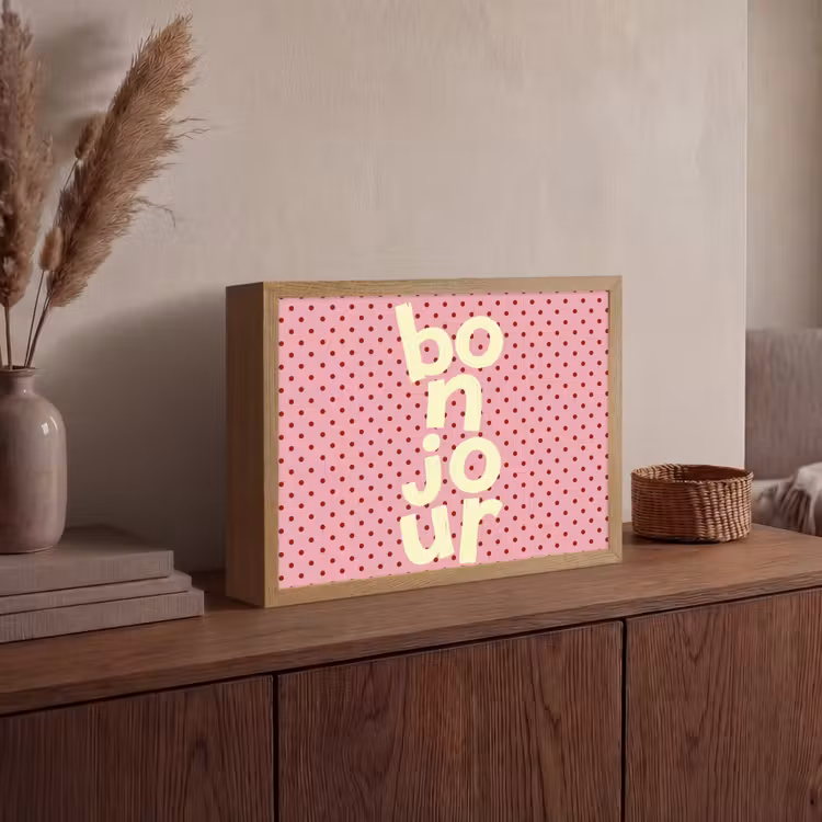 Bonjour - Stippen - Roze- Geel Light Box met batterij (Wandlamp) middel -sfeer2