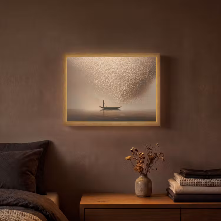 Bootje - Blaadjes - Goud - Water Light Box met batterij (Wandlamp) middel -sfeer4