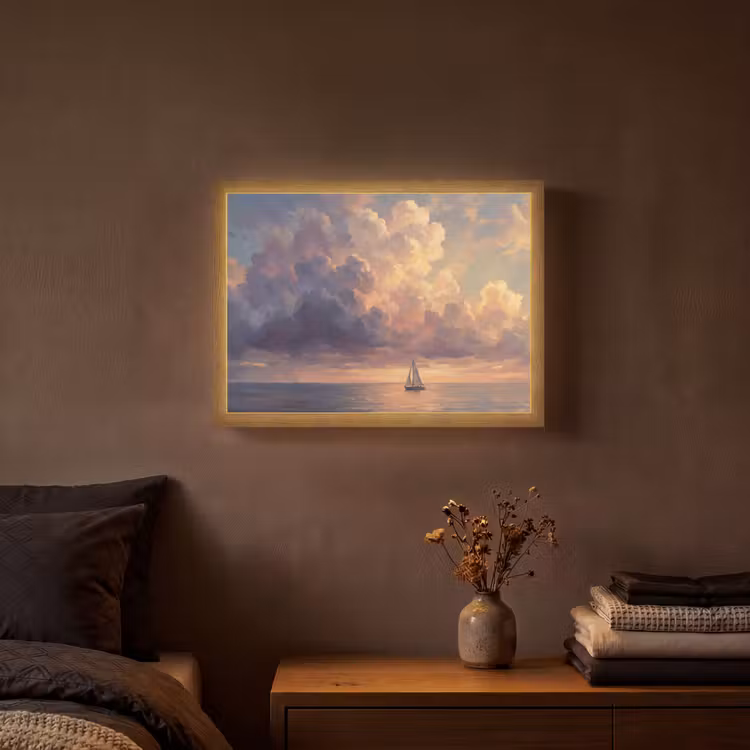 Boot - Zonsondergang - Zee - Natuur - Goud Light Box met batterij (Wandlamp) middel -sfeer4