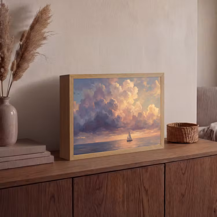 Boot - Zonsondergang - Zee - Natuur - Goud Light Box met batterij (Wandlamp) middel -sfeer2