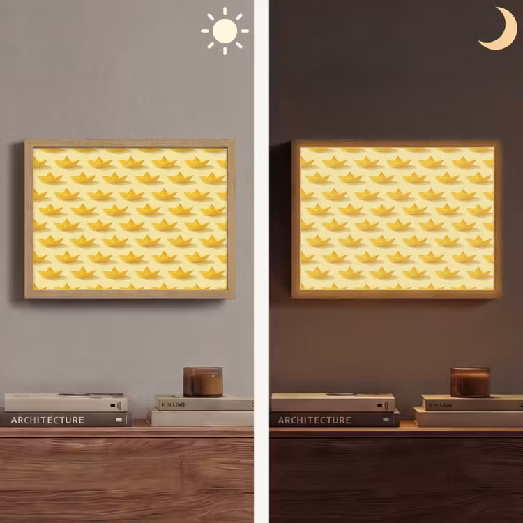 Bootjes - Origami - Creatief - Geel Light Box met batterij (Wandlamp) middel 907 -sfeer3
