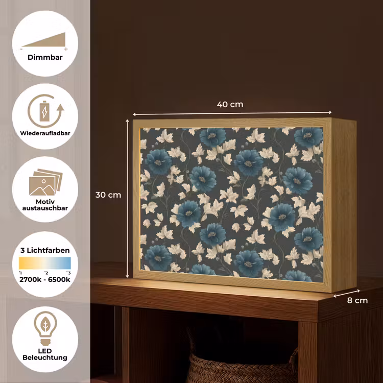 Botanisch - Bloemen - Blauw Light Box met batterij (Wandlamp) middel 907 -USP_websiteoverzichtDE