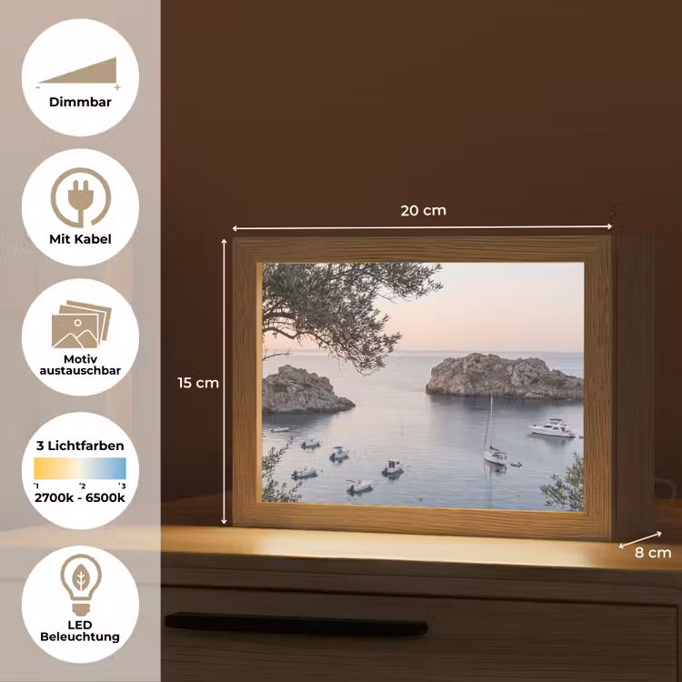 Lightbox - Wandleuchte - Bucht – Boote – Sonnenuntergang - Baai - boten - zonsondergang Light Box met kabel (Wandlamp) klein