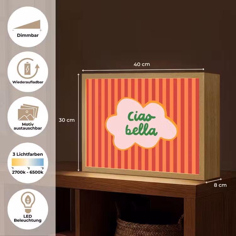 Ciao bella - Tekstwolk - Strepen - Oranje Light Box met batterij (Wandlamp) middel -USP_websiteoverzichtDE