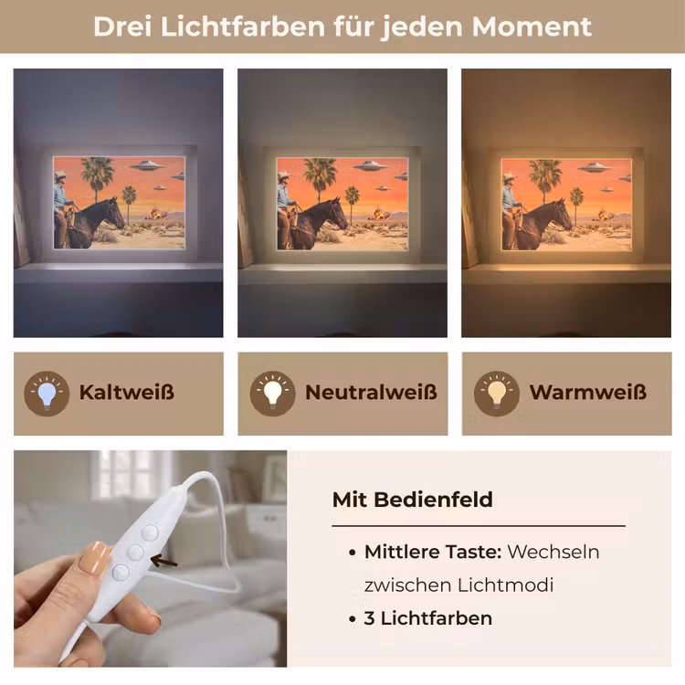 Lightbox - Wandleuchte - Cowboy – Pferd – Wüste - Cowboy - Paard - Woestijn Light Box met kabel (Wandlamp) klein