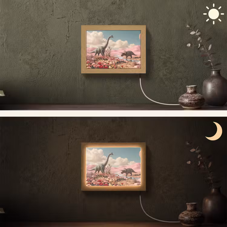Lightbox - Wandleuchte - Dinosaurier – Rosa – Landschaft - Dinosaurus - Roze - Landschap Light Box met kabel (Wandlamp) klein