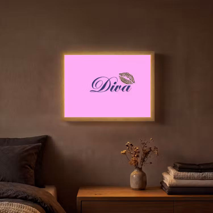 Diva - Lip - Panterprint - Roze Light Box met batterij (Wandlamp) middel -sfeer4