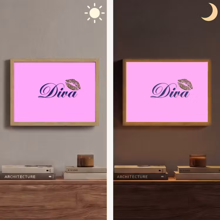 Diva - Lip - Panterprint - Roze Light Box met batterij (Wandlamp) middel -sfeer3