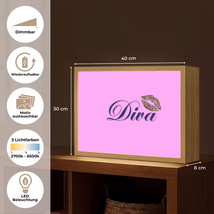 Diva - Lip - Panterprint - Roze Light Box met batterij (Wandlamp) middel -USP_websiteoverzichtDE