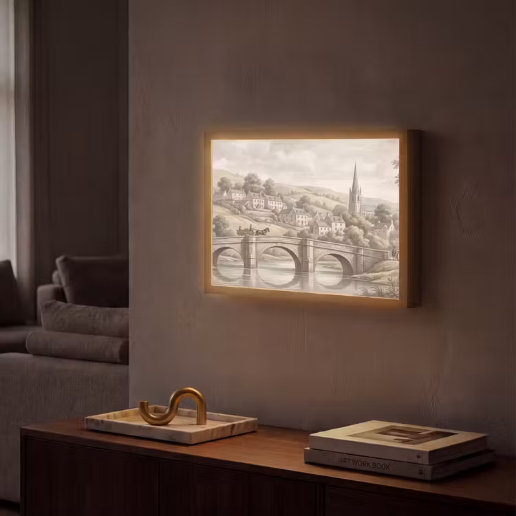 Dorp - Brug - Uitzicht - Groen Light Box met batterij (Wandlamp) middel -sfeer1