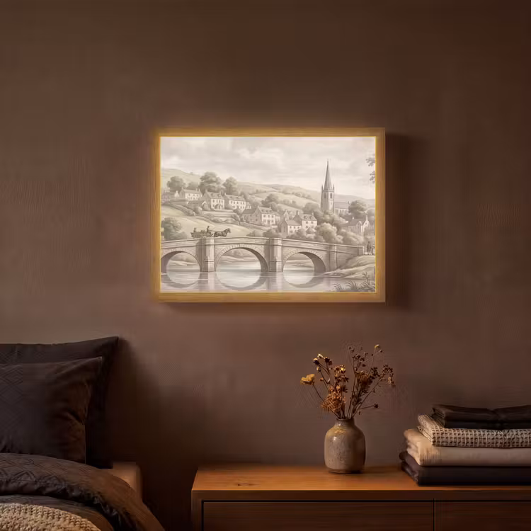 Dorp - Brug - Uitzicht - Groen Light Box met batterij (Wandlamp) middel -sfeer4