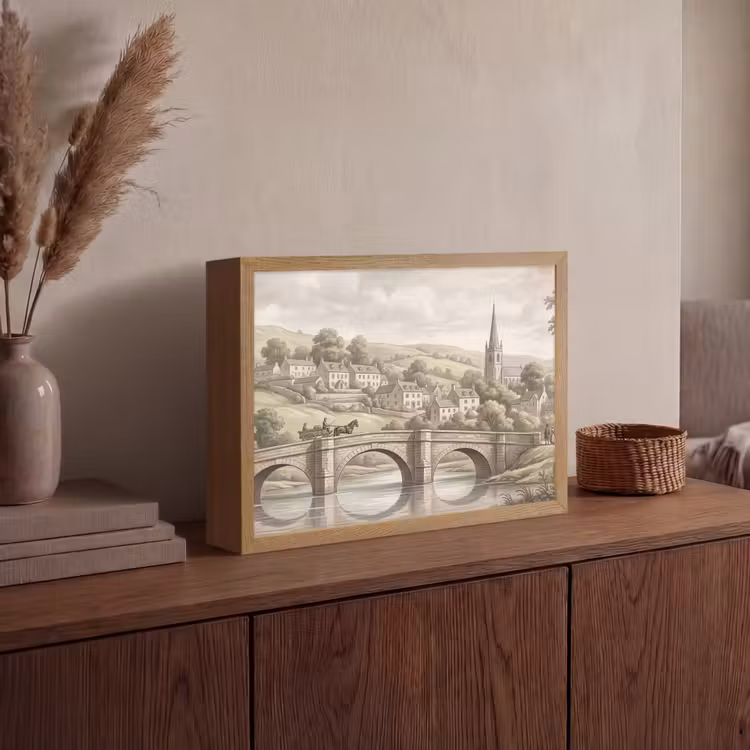Dorp - Brug - Uitzicht - Groen Light Box met batterij (Wandlamp) middel -sfeer2