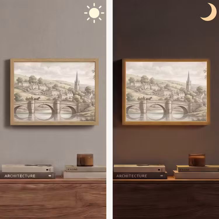 Dorp - Brug - Uitzicht - Groen Light Box met batterij (Wandlamp) middel -sfeer3