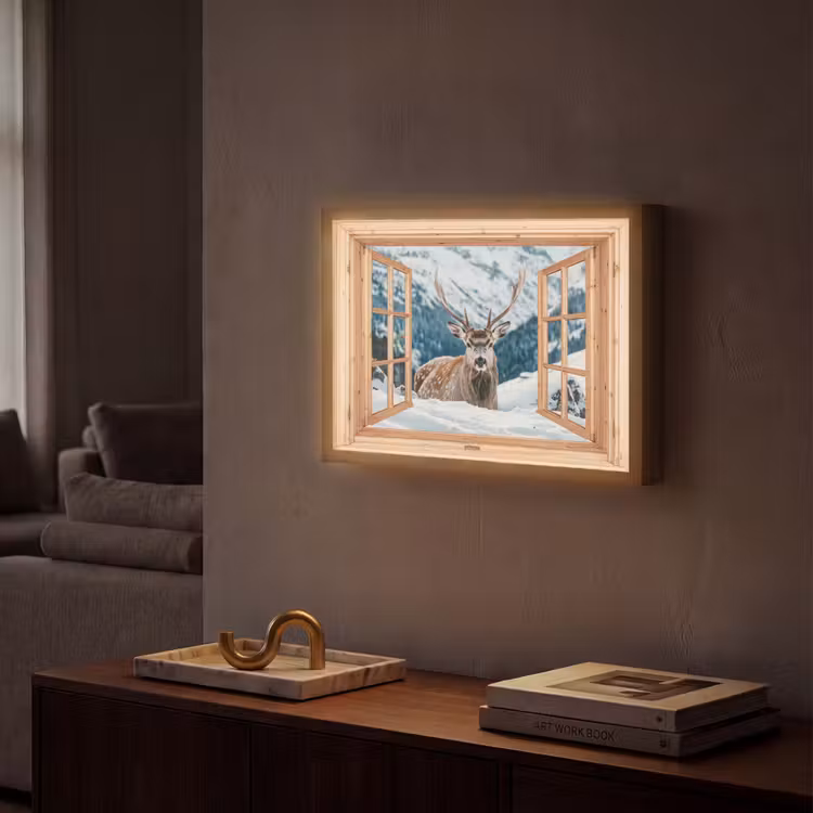 Doorkijk - Hert - Landschap - Winter - Natuur - Dieren - Bergen Light Box met batterij (Wandlamp) middel -sfeer1