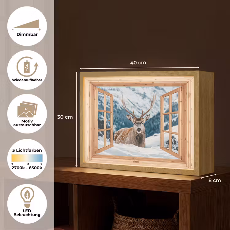 Doorkijk - Hert - Landschap - Winter - Natuur - Dieren - Bergen Light Box met batterij (Wandlamp) middel -USP_websiteoverzichtDE