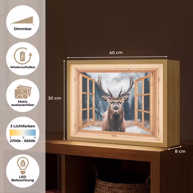 Doorkijk - Hert - Dieren - Winterlandschap - Sneeuw Light Box met batterij (Wandlamp) middel -USP_websiteoverzichtDE